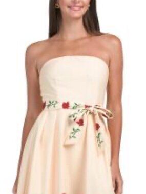 NWT Dalia Macphee Strapless Floral Red/Yellow Tie Belt Midi Dress. Size M